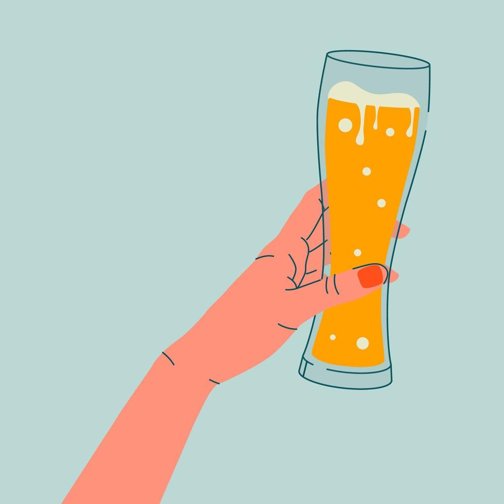 dibujo de esquema. mano de mujer sosteniendo un vaso de cerveza. ilustración plana para tarjetas de felicitación, postales, invitaciones, diseño de menú. plantilla de arte lineal. vector