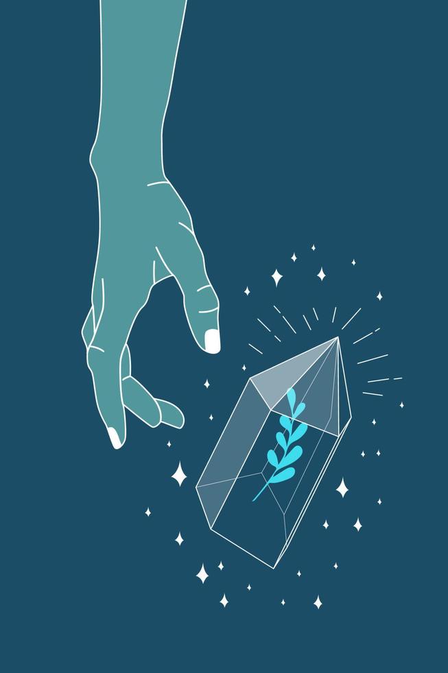 Hand holding crystal gem outline illustration. Magic crystal concept. Modern vector illustration. Transparent line art gem with leaf and stars. Minimalistic design for web.