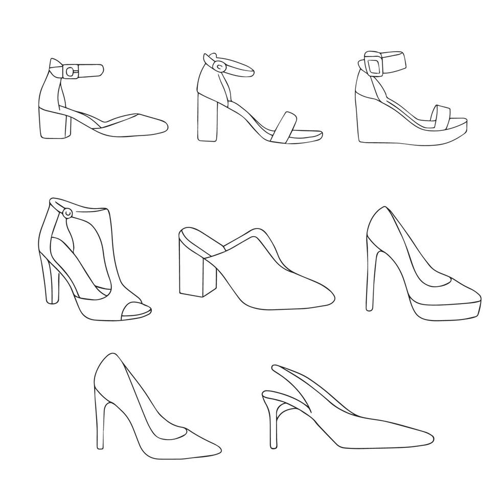 conjunto de zapatos de mujer hechos a mano. tacones de bloque, botines de tacón medio, bailarinas, zapatos de salón, stiletto, sandalias de punta abierta, tacón medio destalonado. colección de zapatos de tacones altos de moda vector