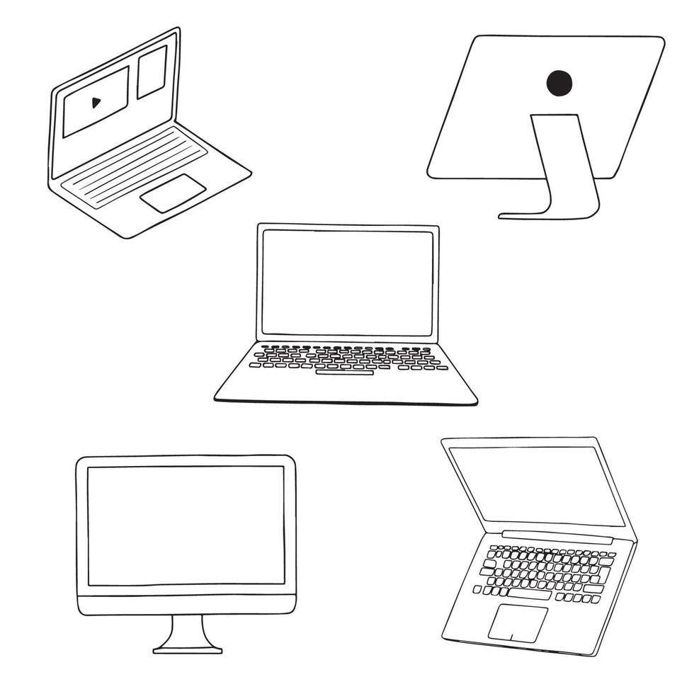 conjunto de garabatos de dispositivos digitales: computadora, escritorio, dibujado a mano. ilustración de dibujo vectorial aislada sobre fondo blanco. conjunto de vectores de tecnología informática de iconos dibujados a mano