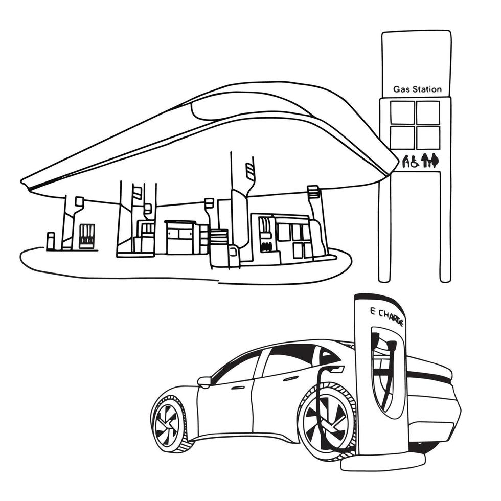 coche eléctrico y el icono de la estación de carga eléctrica en líneas de dibujo de dibujos animados dibujados a mano. vehículo, entorno. ilustración vectorial vector