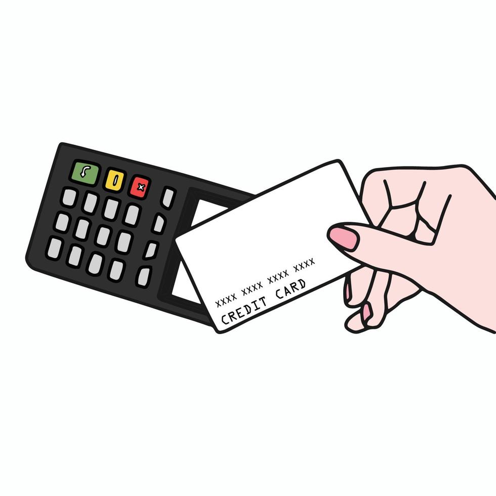 Lady Hand holding credit card and putting it to the card payment machine. Vector illustrator.