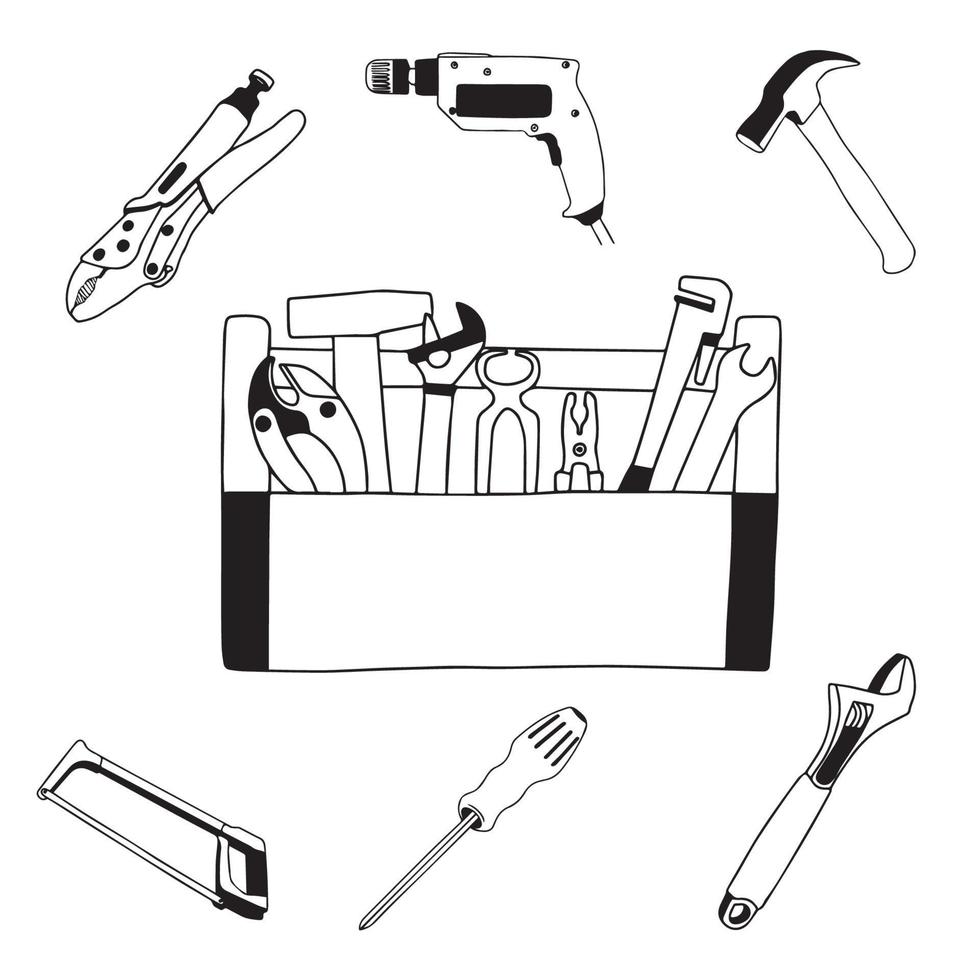 Working construction tools doodles collection on white background Tools Repair Doodle Icons. Traditional Vector Sketch. Hand drawn Illustration.