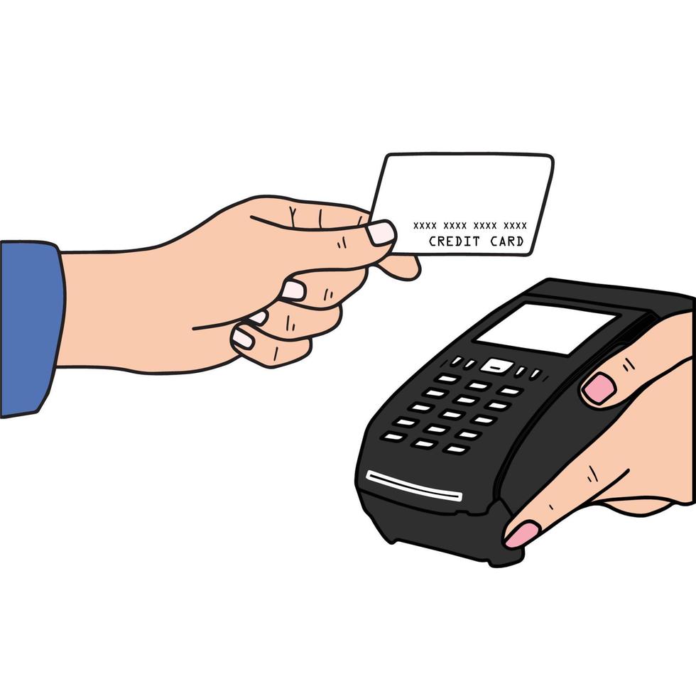 00069 Hand holding debit or credit card over electronic terminal and paying vector