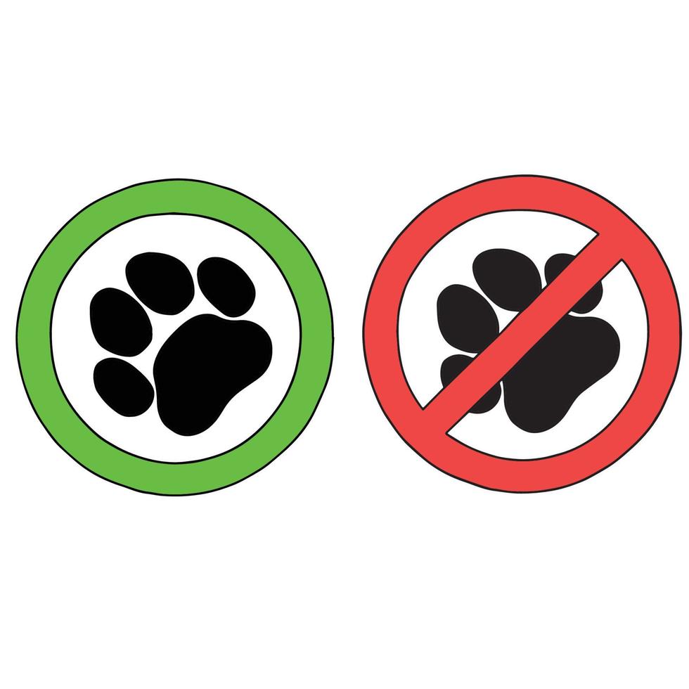 00067 Sign of no Dogs allowed and Dogs are welcome. Pet allowed symbol. Simple background print with green and red circle and line paw illustration. Isolated vector sign symbol.