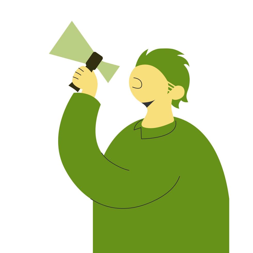 Protest man with megaphone at demonstration. Color flat vector illustration