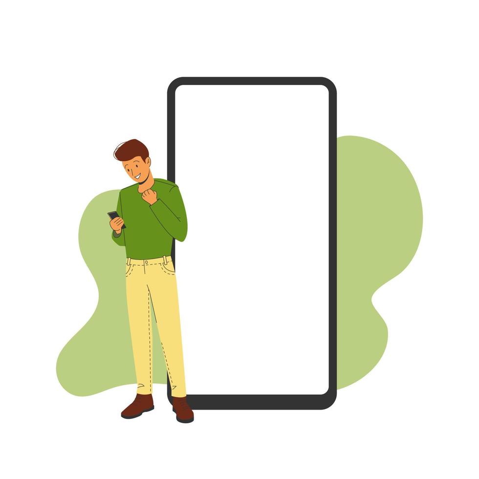 Phone template with correspondence next to a joyful man. Vector illustration.