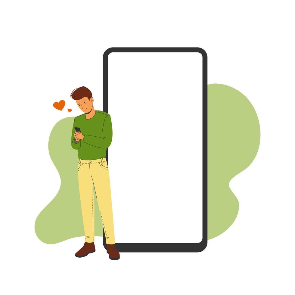 Phone template with correspondence next to a man in love. Vector illustration