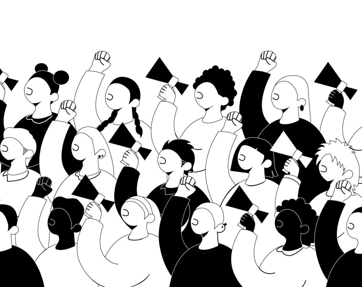 Crowd of protesters with fists in the air and megaphones at a demonstration. Black and white flat vector illustration