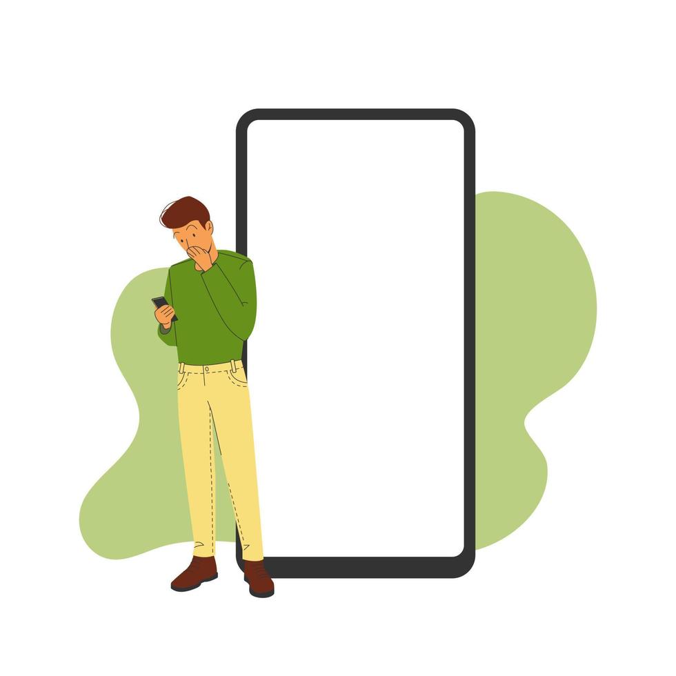 Phone template with correspondence next to a surprised man. Vector illustration