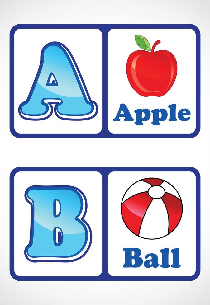 Tarjetas con el alfabeto para niños. tarjeta abc de aprendizaje preescolar educativo con un elemento. vector