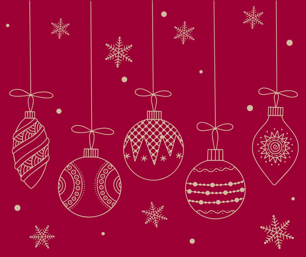 Christmas card, Christmas toys on a red background. Outline illustration vector