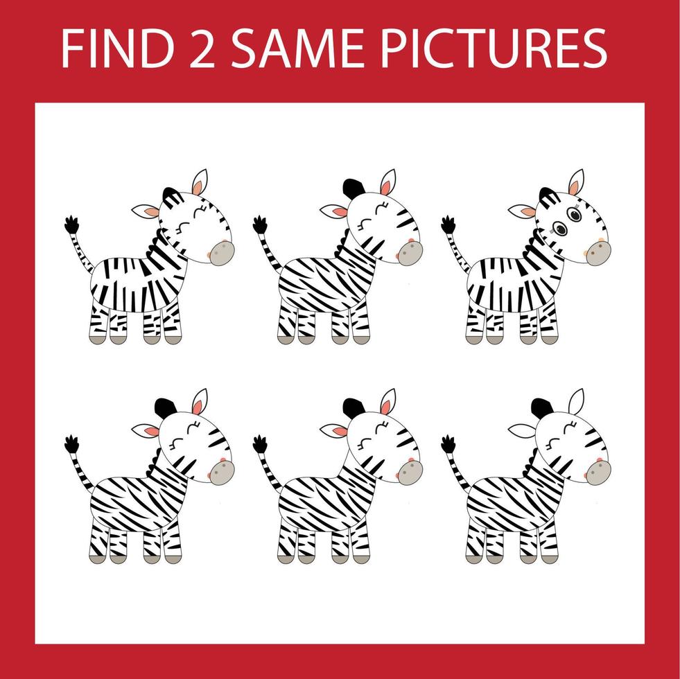 Find a pair game with funny  zebras.  Worksheet for preschool kids, kids activity sheet, printable worksheet vector