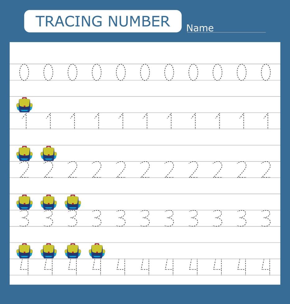 Numbers for kids. Worksheet for kindergarten and preschool. Training to write and count numbers with backpacks vector