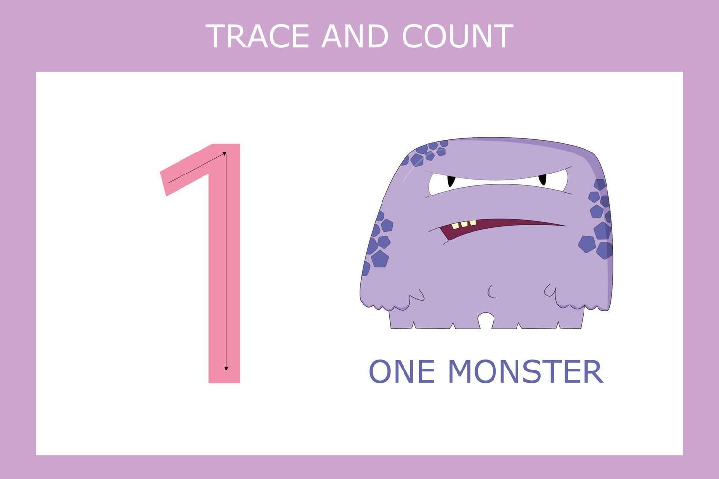 Numbers for kids. Worksheet for kindergarten and preschool. Training to write and count numbers with funny monsters vector