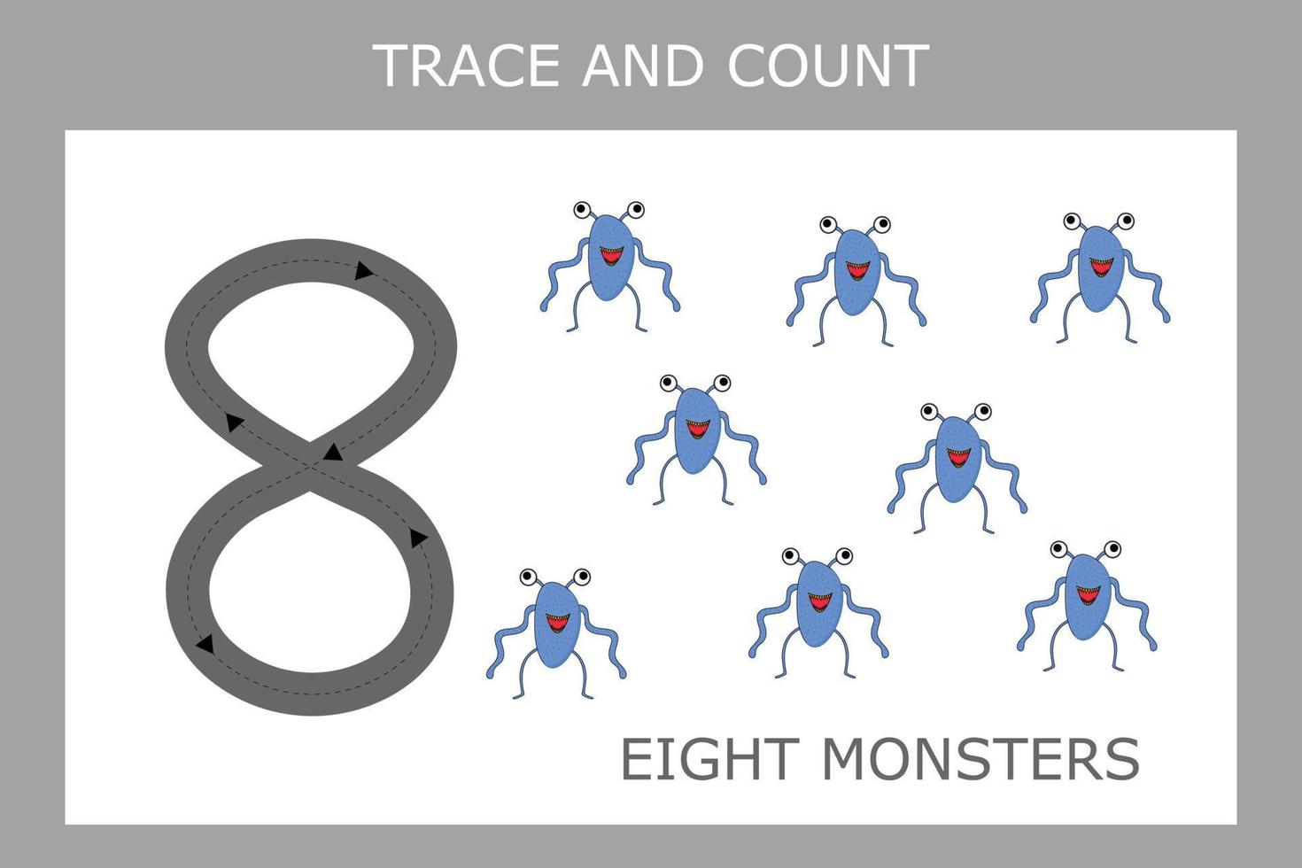 Numbers for kids. Worksheet for kindergarten and preschool. Training to write and count numbers with funny monsters vector