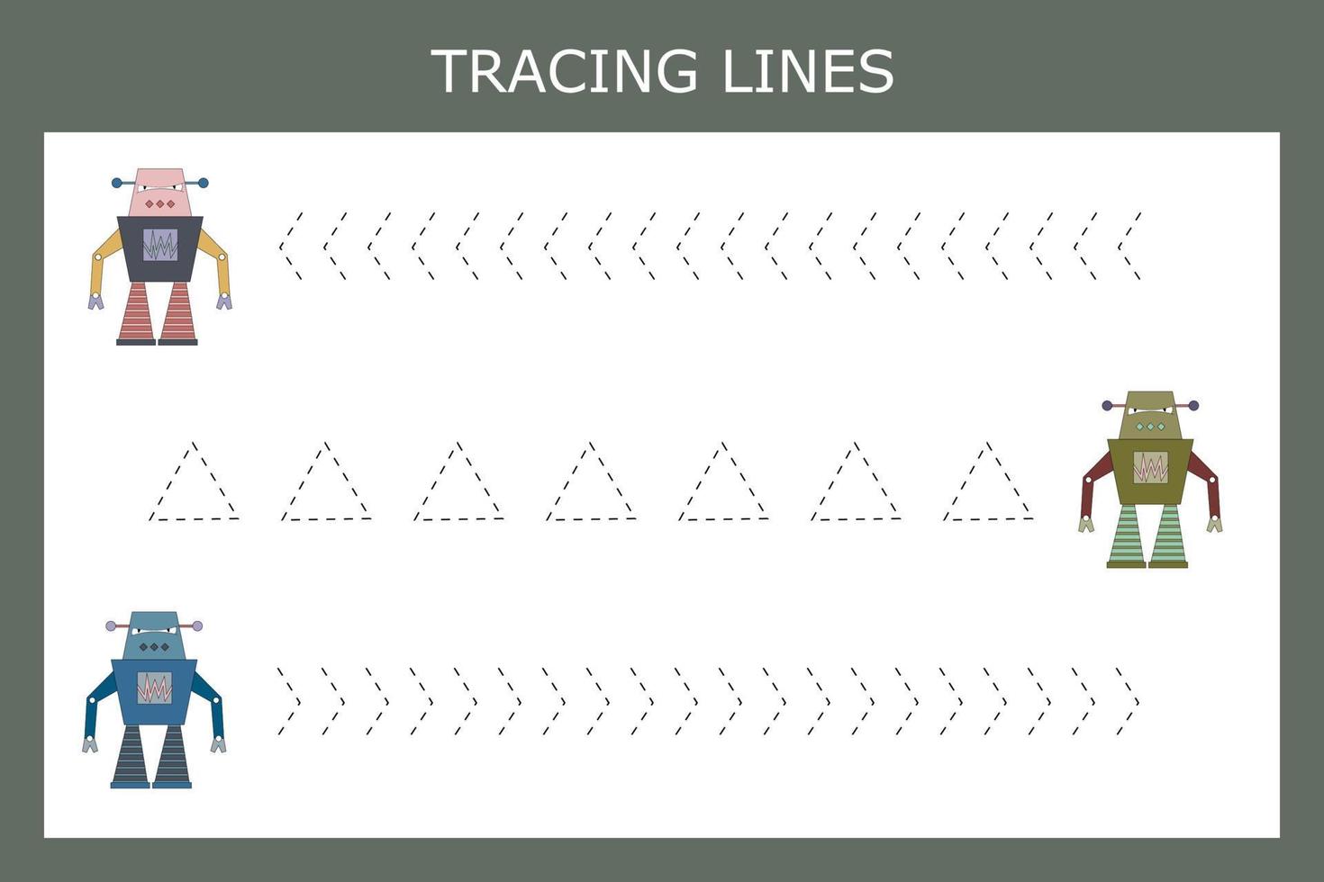 Trace line worksheet with robots for kids, practicing fine motor skills.  Educational game for preschool children. vector