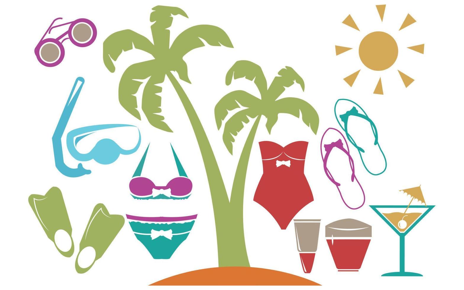 elementos de verano de dibujos animados viajes playa accesorios de verano cócteles helados y frutas exóticas vector