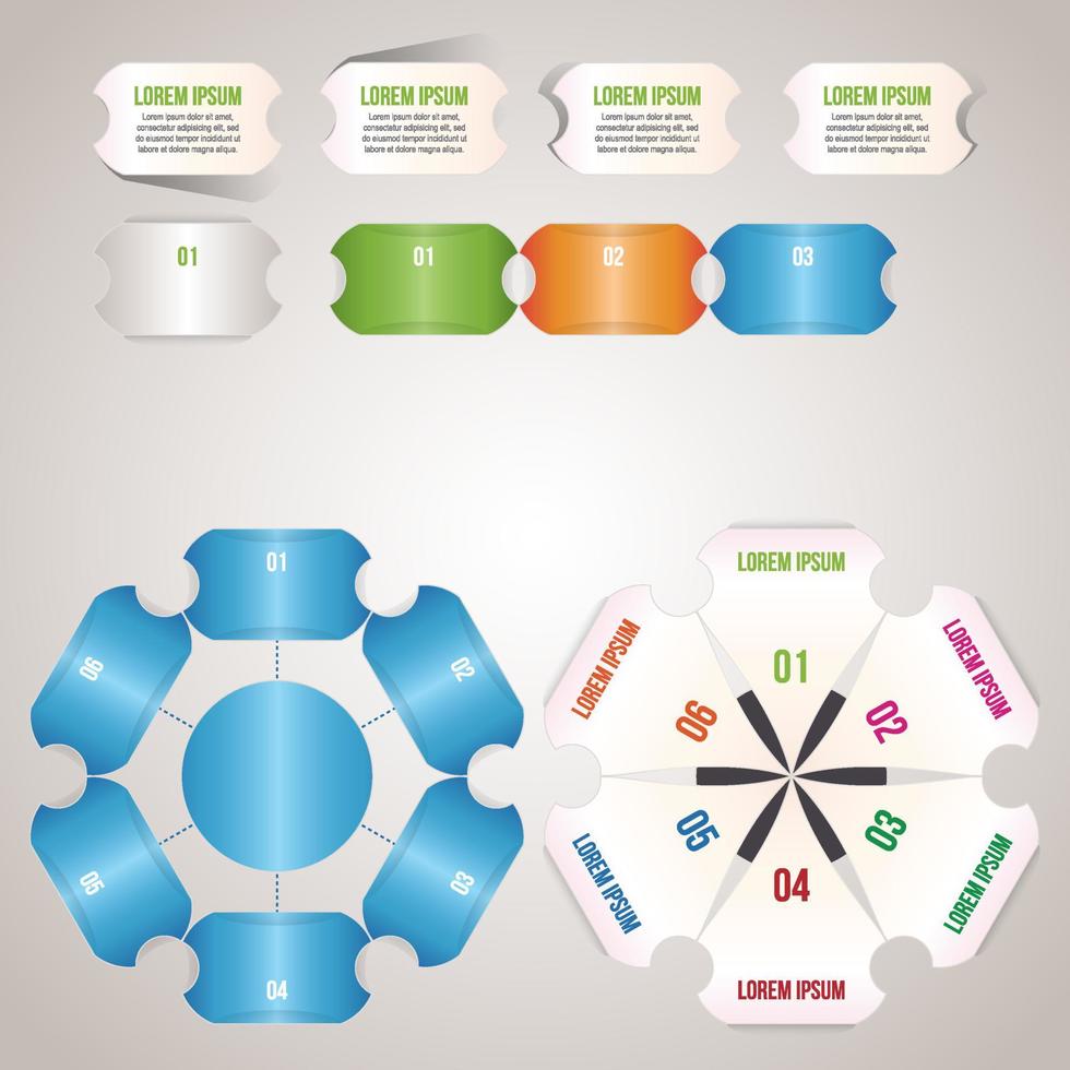 infografías de negocios. elementos infográficos con 3, 4, 5, 6, 7, 8 pasos, flechas, círculos. gráficos circulares vectoriales. vector