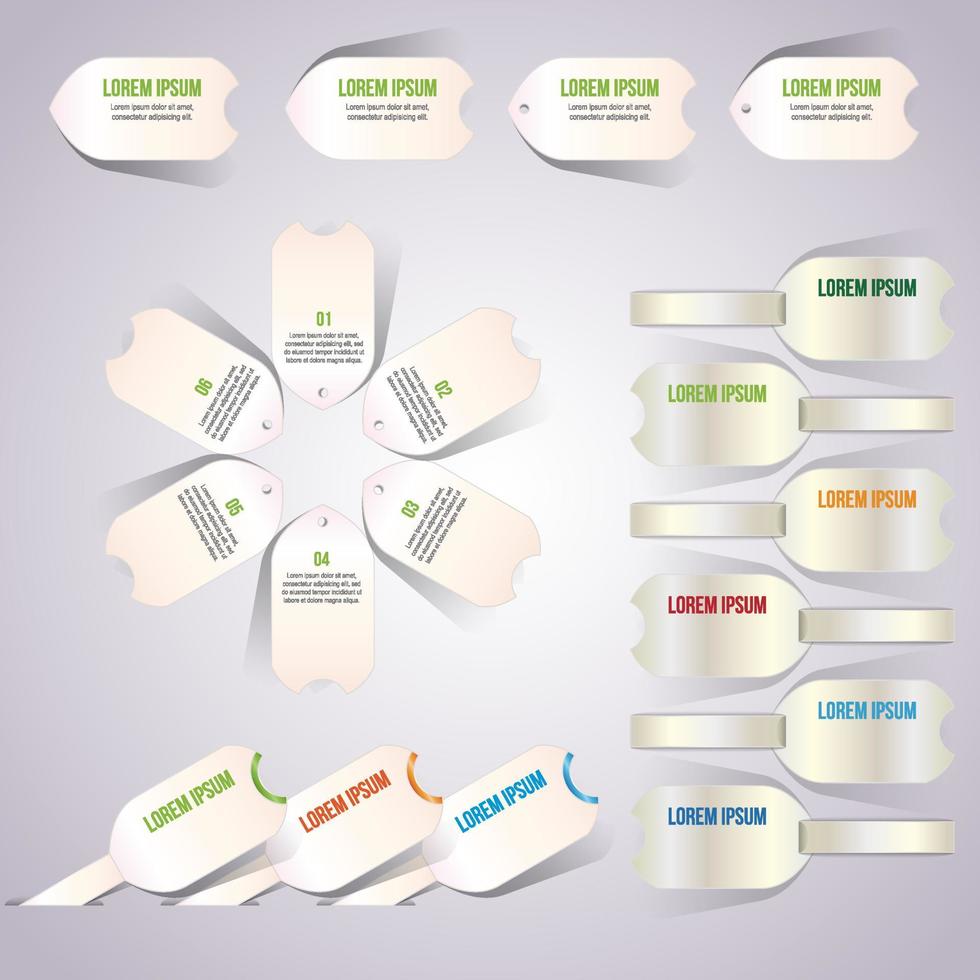 infografías de negocios. elementos infográficos con 3, 4, 5, 6, 7, 8 pasos, flechas, círculos. gráficos circulares vectoriales. vector