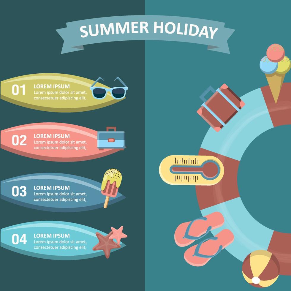 Summer holiday vacation with a surfboard on beach. Icons and elements for graphics, website, and infographics design. Vector illustration