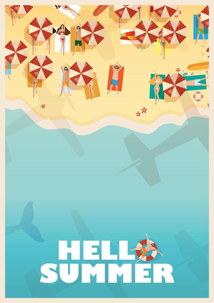 Set of summer travel flyers with beach items and wave. Top view. Vector illustration