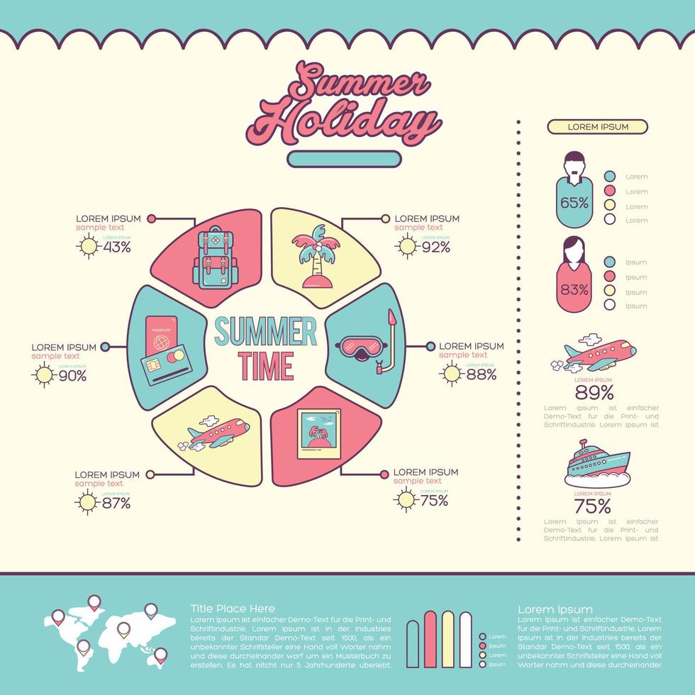 infografías de viaje: póster de información, diseño de plantilla de portada de folleto con iconos de diseño plano, otros elementos y texto de relleno vector