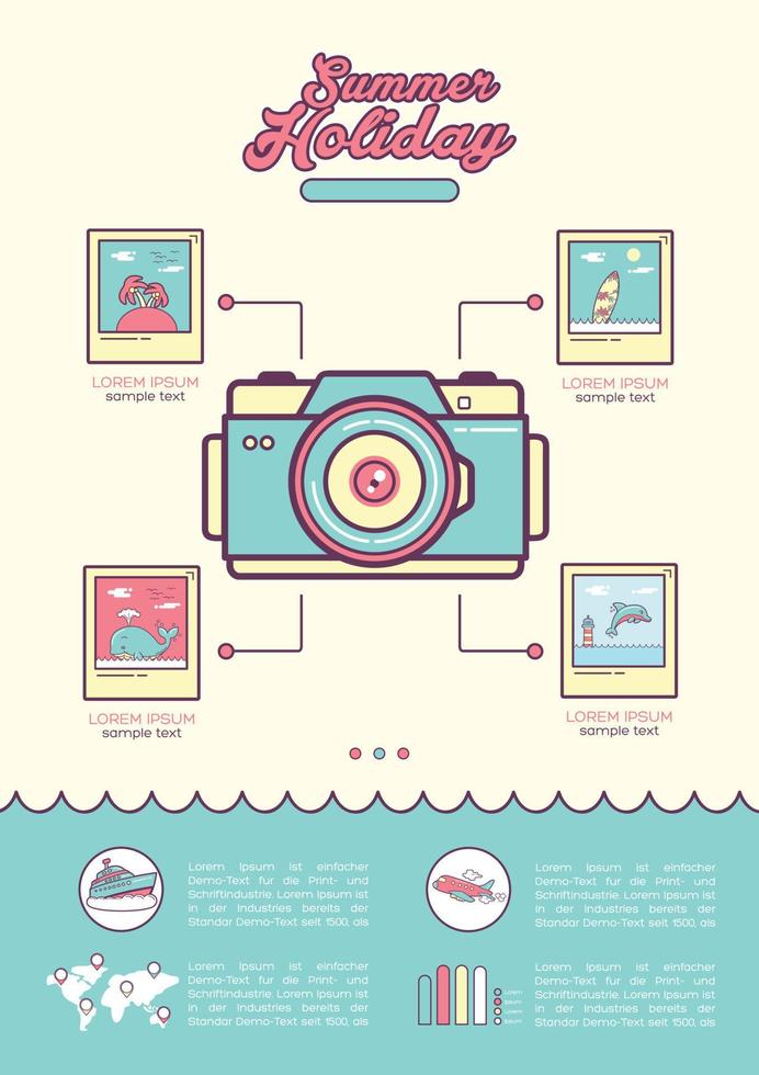 Elementos de concepto de viaje y vacaciones de cámara de infografía. vector