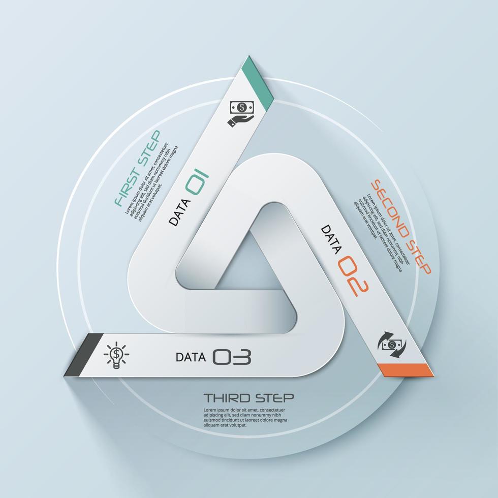 Triangle Infographic template design with 3 connected Triangle elements 3 steps or options vector