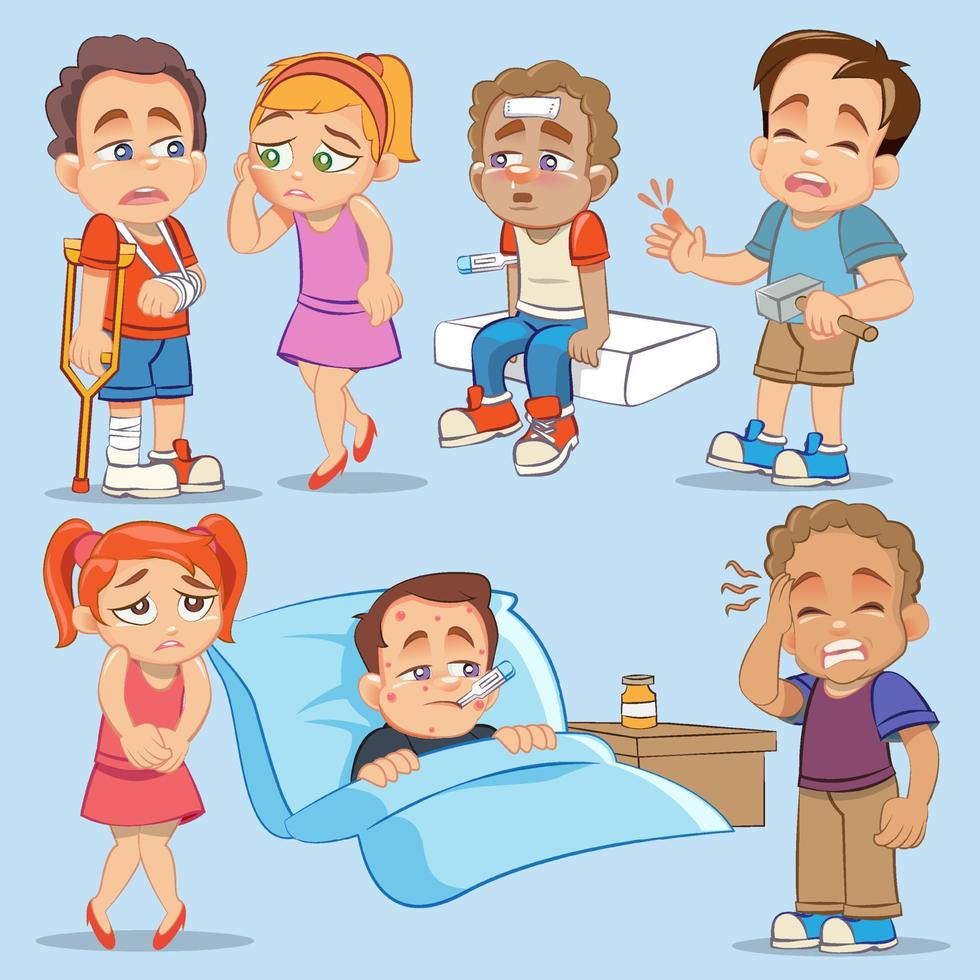 Sickness kids set, boys and girls suffering from different symptoms illustration on a light blue background vector