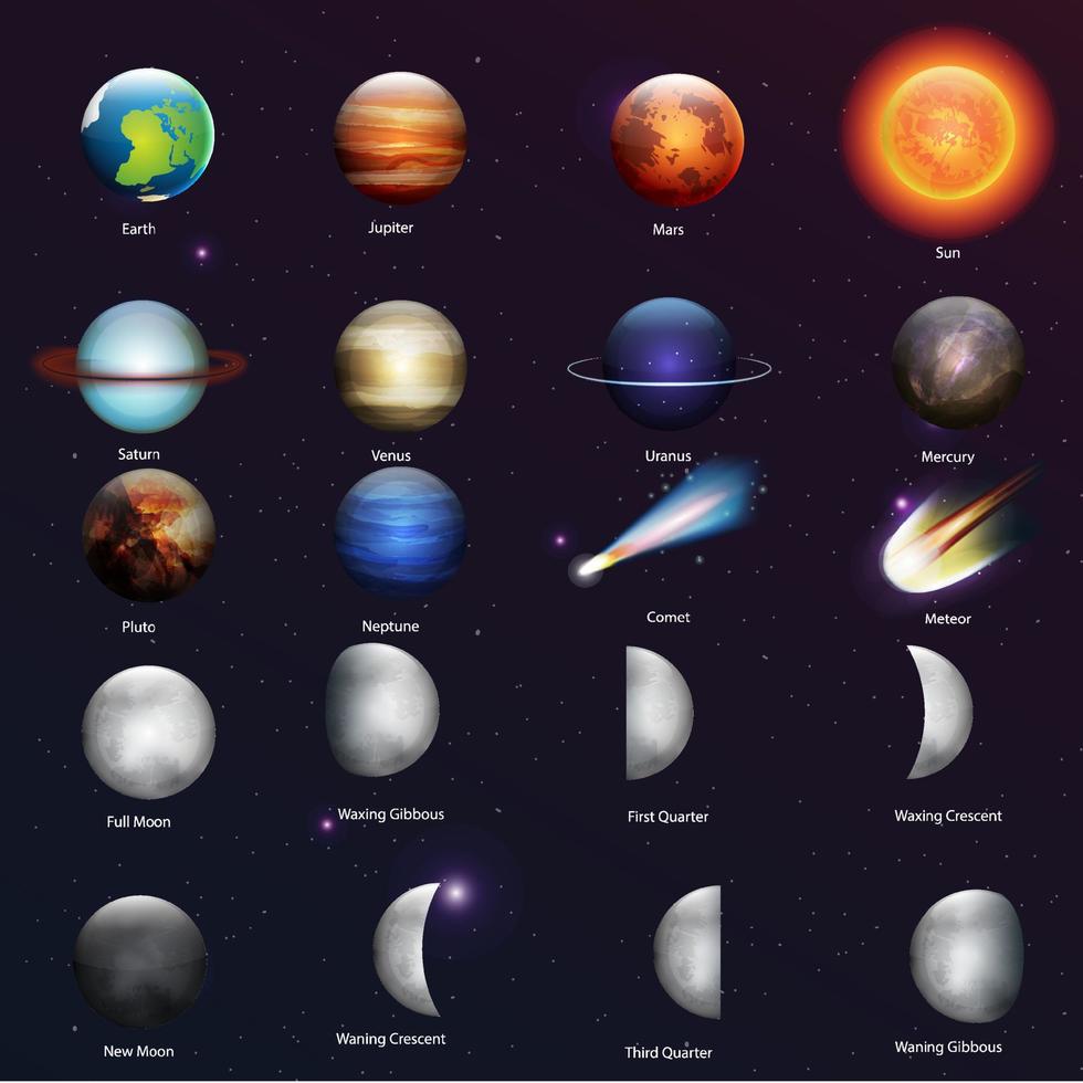 Planets of Solar system and comet isolated cartoon set on starry sky background. Vector inner, rocky Mercury, Venus and Earth, Mars. Outer space gas giants Jupiter and Saturn, ice Uranus and Neptune