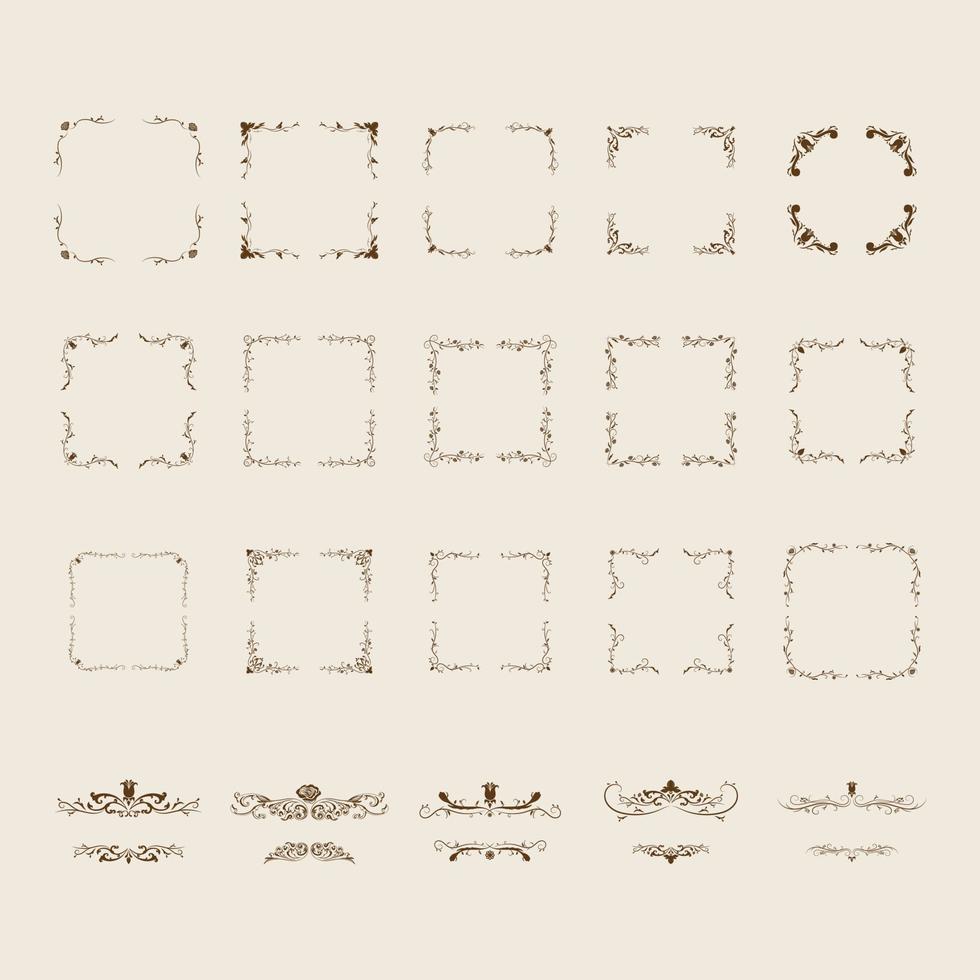 Vintage calligraphic elements. decorative victorian frames, flourish dividers, borders. beautiful swirls sink decorated with motifs and scrolls. circle, square and rectangular frames for cards vector