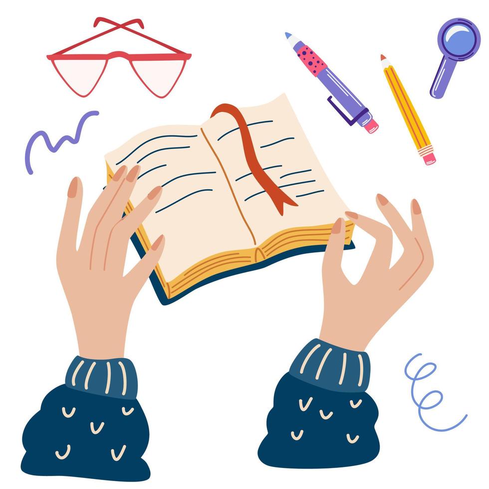 Female human hands holding book or a notebook. Read, learn discover. Love reading concept. Education and knowledge flat hand drawn vector illustration.