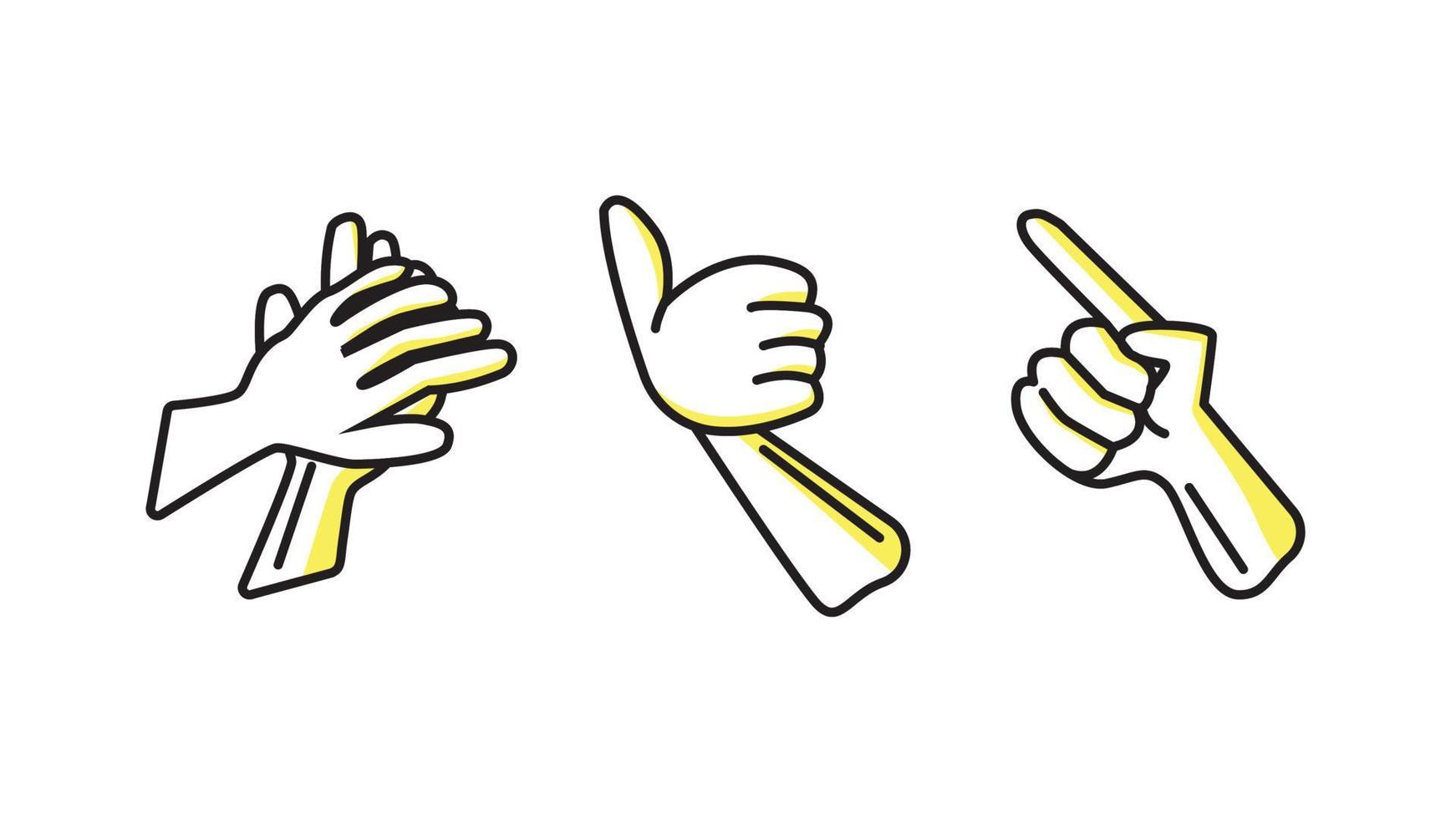 hands vector collection in line art style design with yellow shadow color. hands icons set