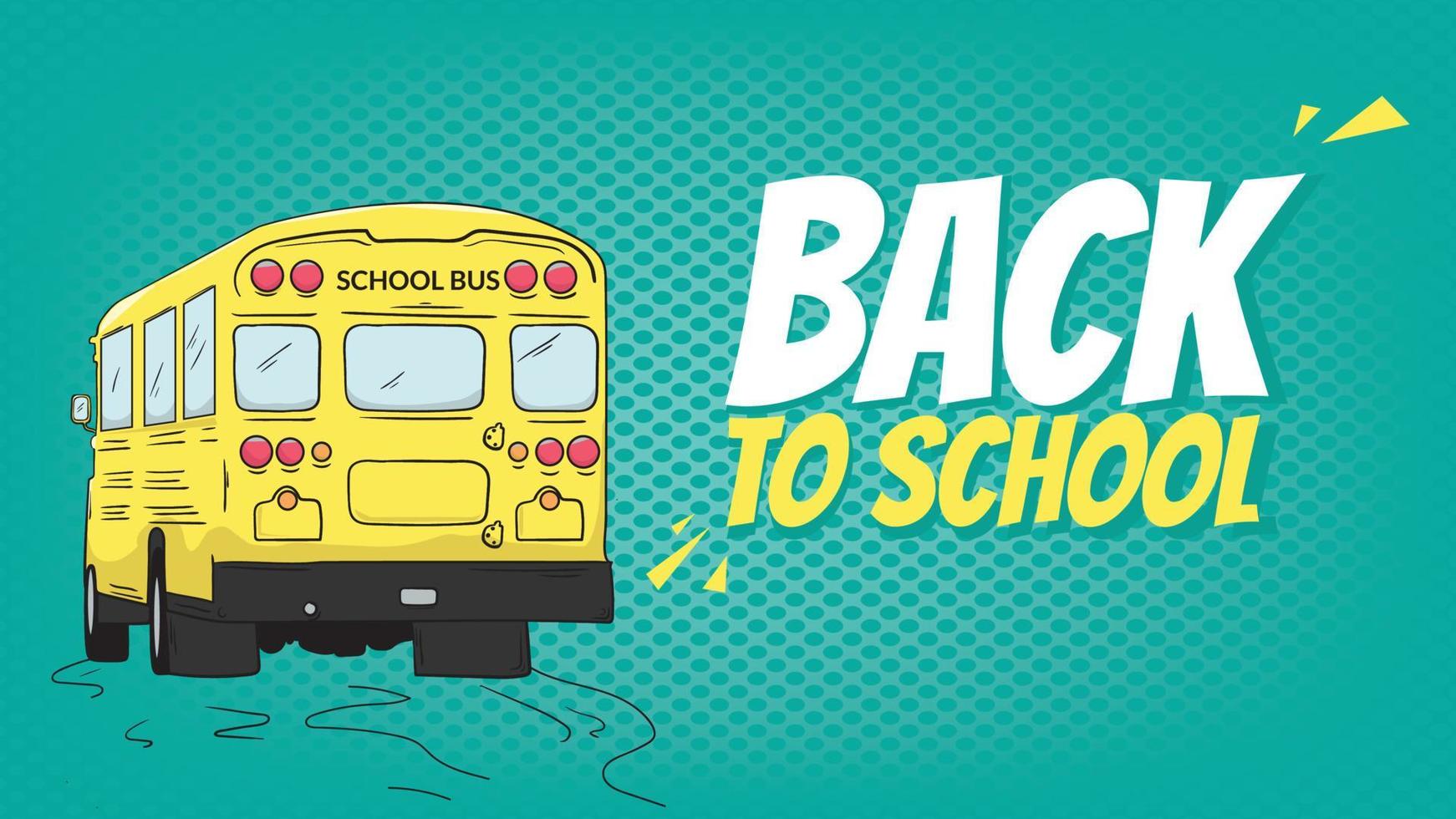 banner de regreso a la escuela en color de fondo verde de semitono. ilustración del autobús escolar, bueno para el banner de anuncios. vector