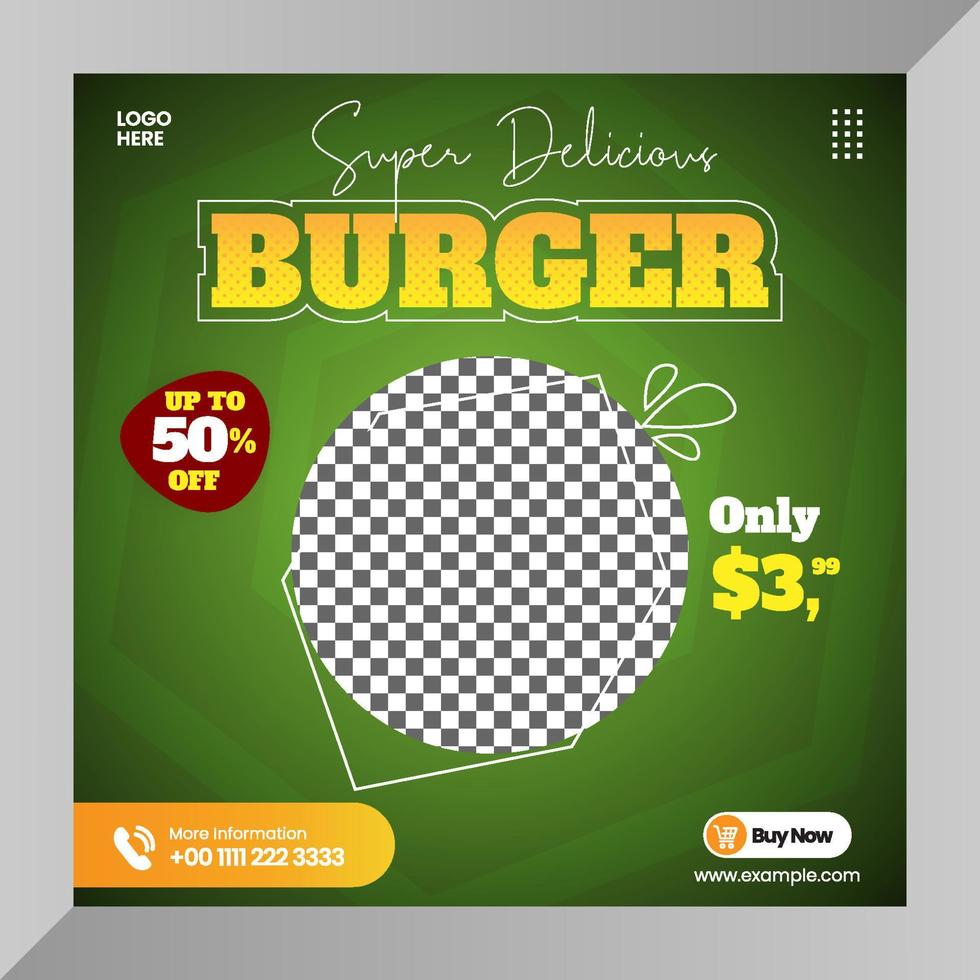 deliciosa hamburguesa y menú de comida plantilla de banner de redes sociales vector