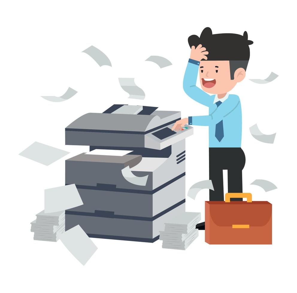 Businesman using copy machine and lot of paper documents vector