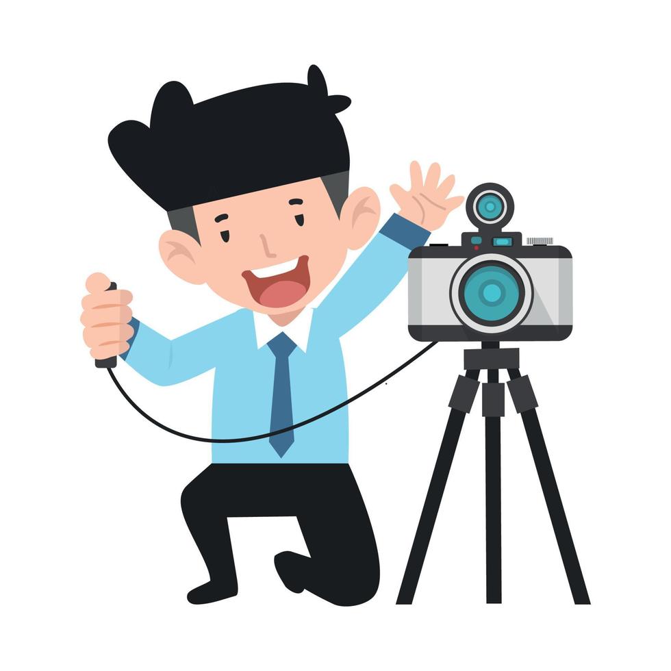 businessman  taking pictures camera with tripod cartoon vector