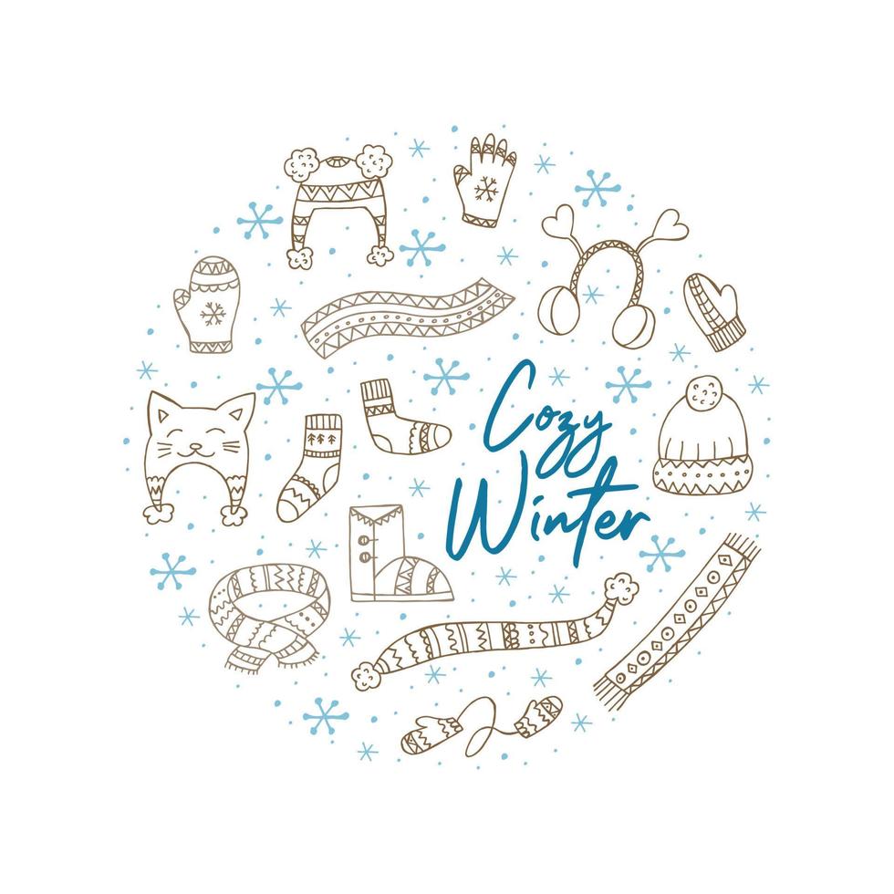 A set of hand-drawn winter clothing. Vector illustration in doodle style. Winter mood. Hello 2023. Merry Christmas and Happy New Year. Brown and blue elements in the shape of a circle.