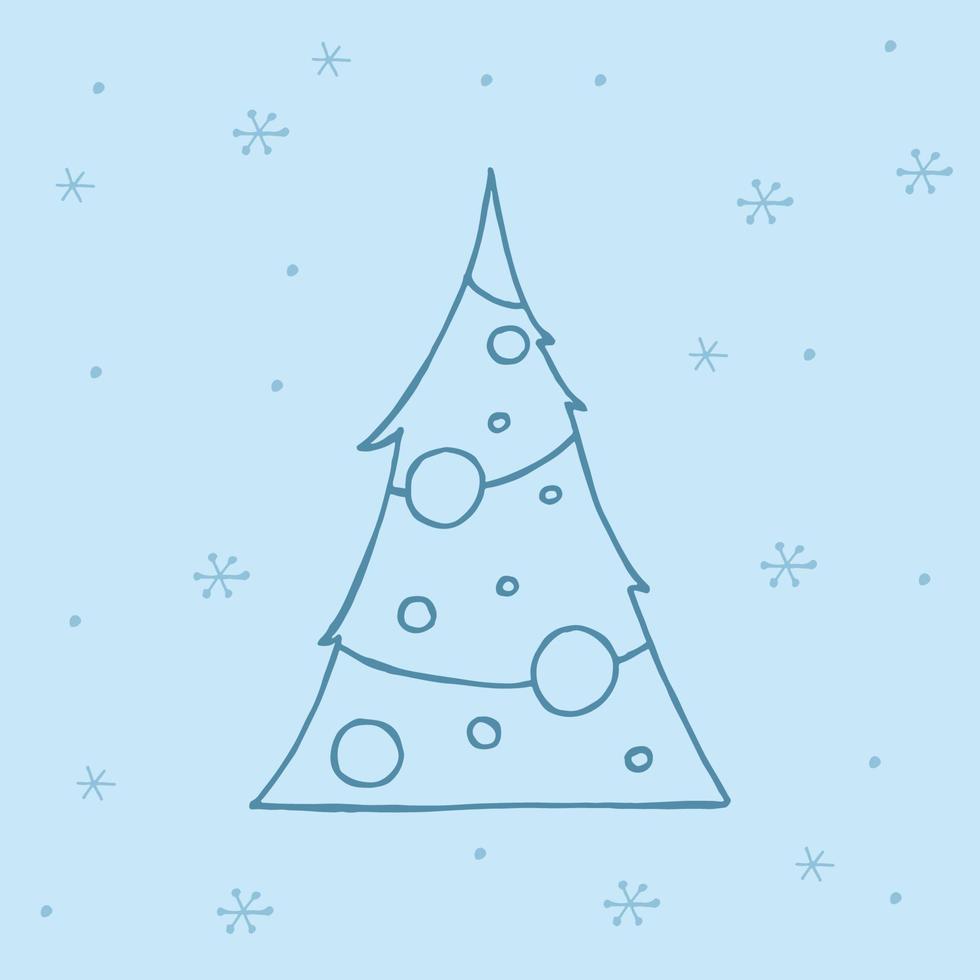 A hand-drawn christmas tree. Vector illustration in doodle style. Winter mood. Hello 2023. Merry Christmas and Happy New Year. Dark blue element with a snowflakes on a blue background.