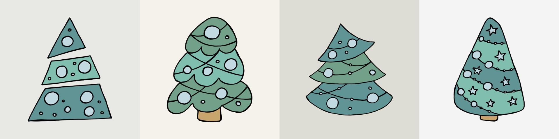 A hand-drawn christmas tree. Vector illustration in doodle style. Winter mood. Hello 2023. Merry Christmas and Happy New Year. Green trees with a blue toys on a gray background.