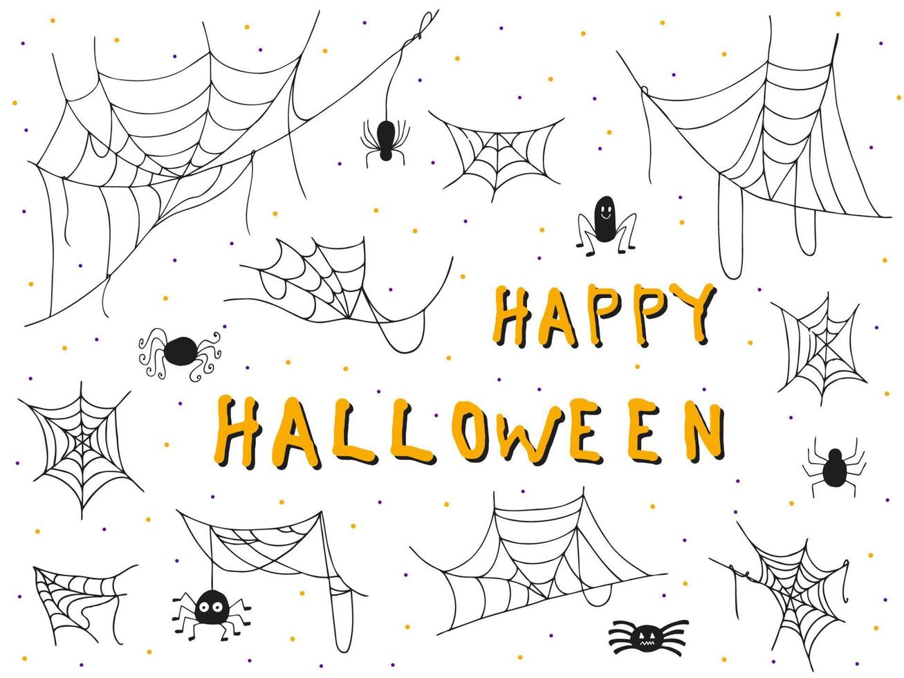 Halloween 2022 - October 31. A traditional holiday. Trick or treat. Vector illustration in hand-drawn doodle style. Set of silhouettes of spiderwebs.