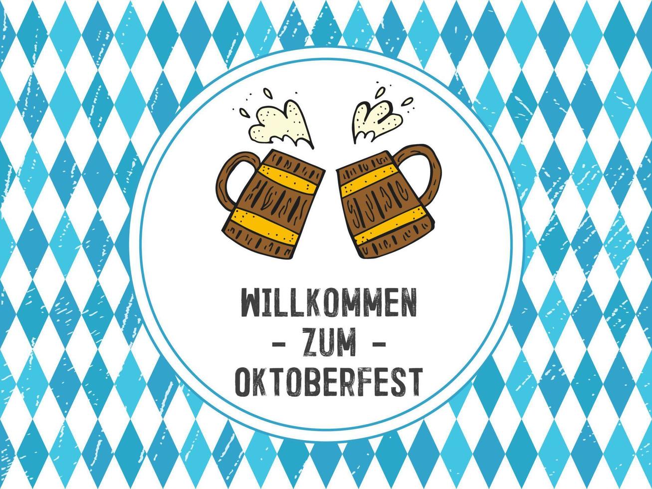 Oktoberfest 2022 - Beer Festival. Hand-drawn set of Doodle Elements. German Traditional holiday. Colored wooden mugs with lettering and blue rhombuses on a white background. vector
