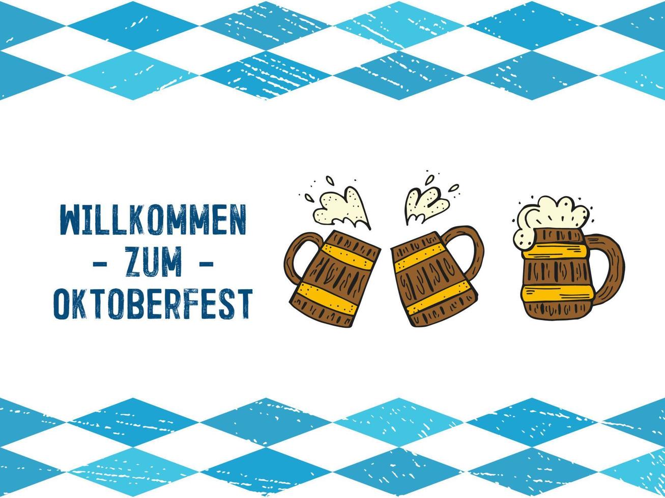 Oktoberfest 2022 - Beer Festival. Hand-drawn Doodle elements. Round emblem with beer mugs and text with blue diamonds with texture. The inscription in German - welcome to Oktoberfest. vector