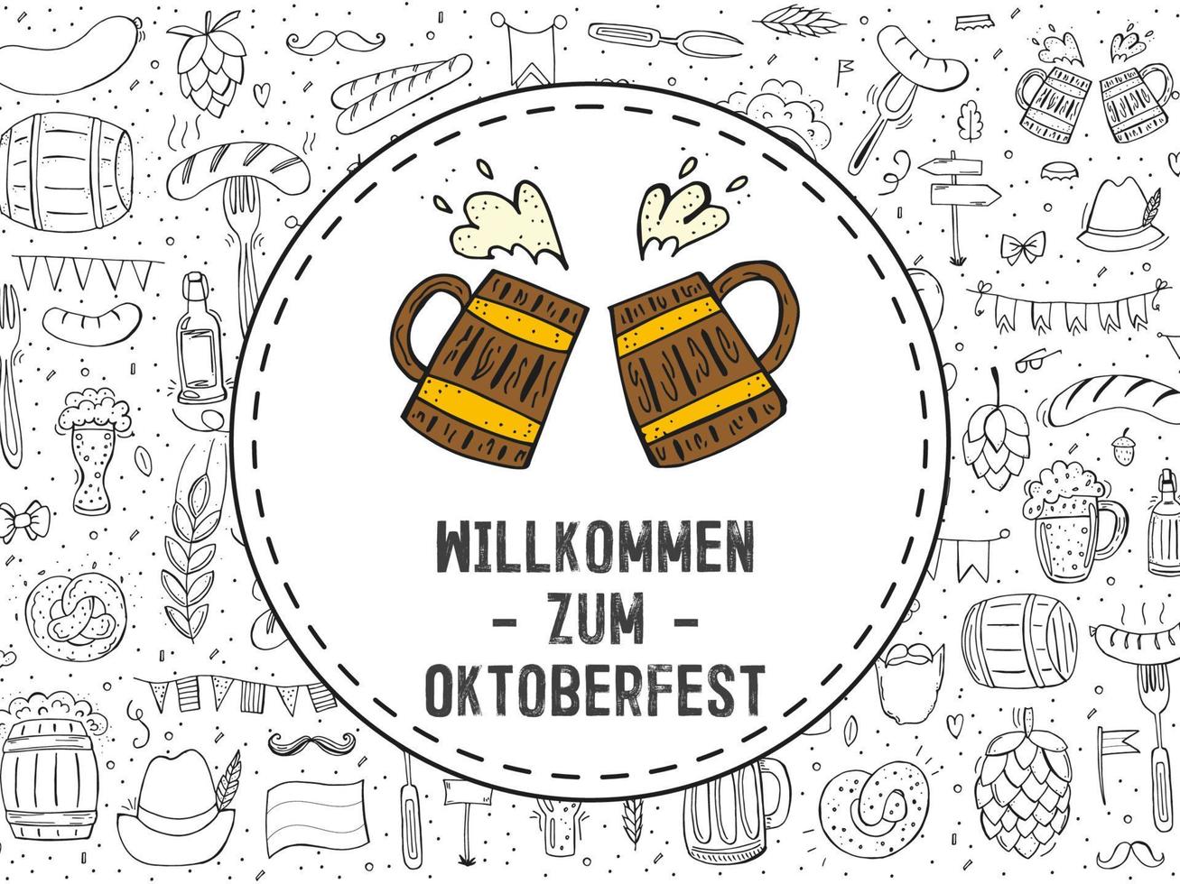 Oktoberfest 2022 - Beer Festival. Hand-drawn Doodle elements. Round emblem with beer mugs and text with a pattern of outline elements. The inscription in German - welcome to Oktoberfest. vector