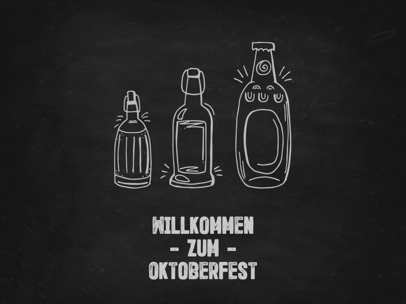 Oktoberfest 2022 - Beer Festival. Hand-drawn set of Doodle Elements. German Traditional holiday. Glass beer bottles with lettering on a black chalk board. vector