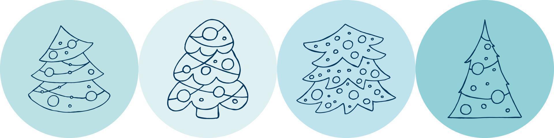 A set of hand-drawn christmas trees. Vector illustration in doodle style. Winter mood. Hello 2023. Merry Christmas and Happy New Year. Blue elements on a blue background.