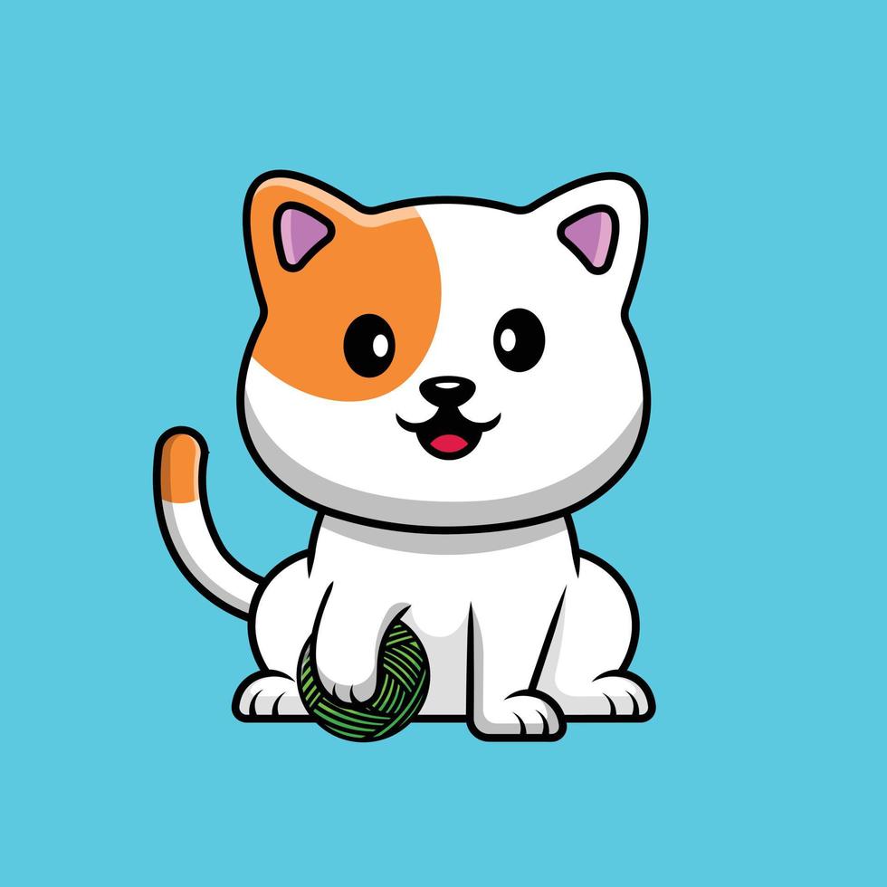 Cute Cat With Yarn Ball Cartoon Vector Icon Illustration. Animal Flat Cartoon Concept