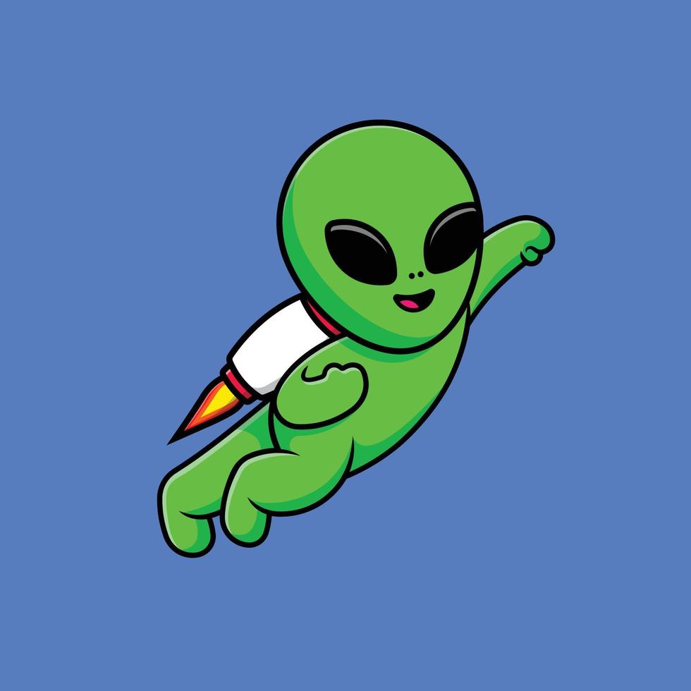 Cute Alien Flying With Rocket Cartoon Vector Icon Illustration. Science Technology Flat Cartoon Concept