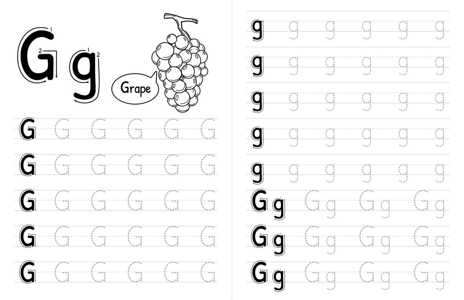 ABC Alphabets Tracing Book Interior For Kids. Children Writing Worksheet With Picture. Premium Vector Elements Letter G.